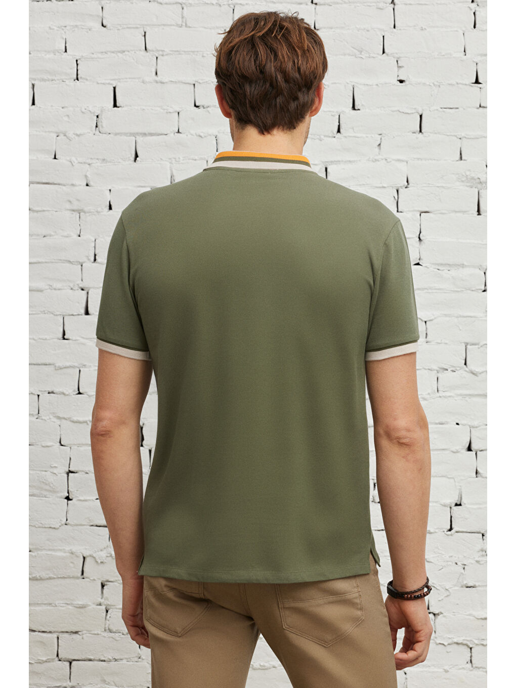 Erkek Haki Slim Fit Dar Kesim %100 Pamuk Polo Yaka Tişört-8
