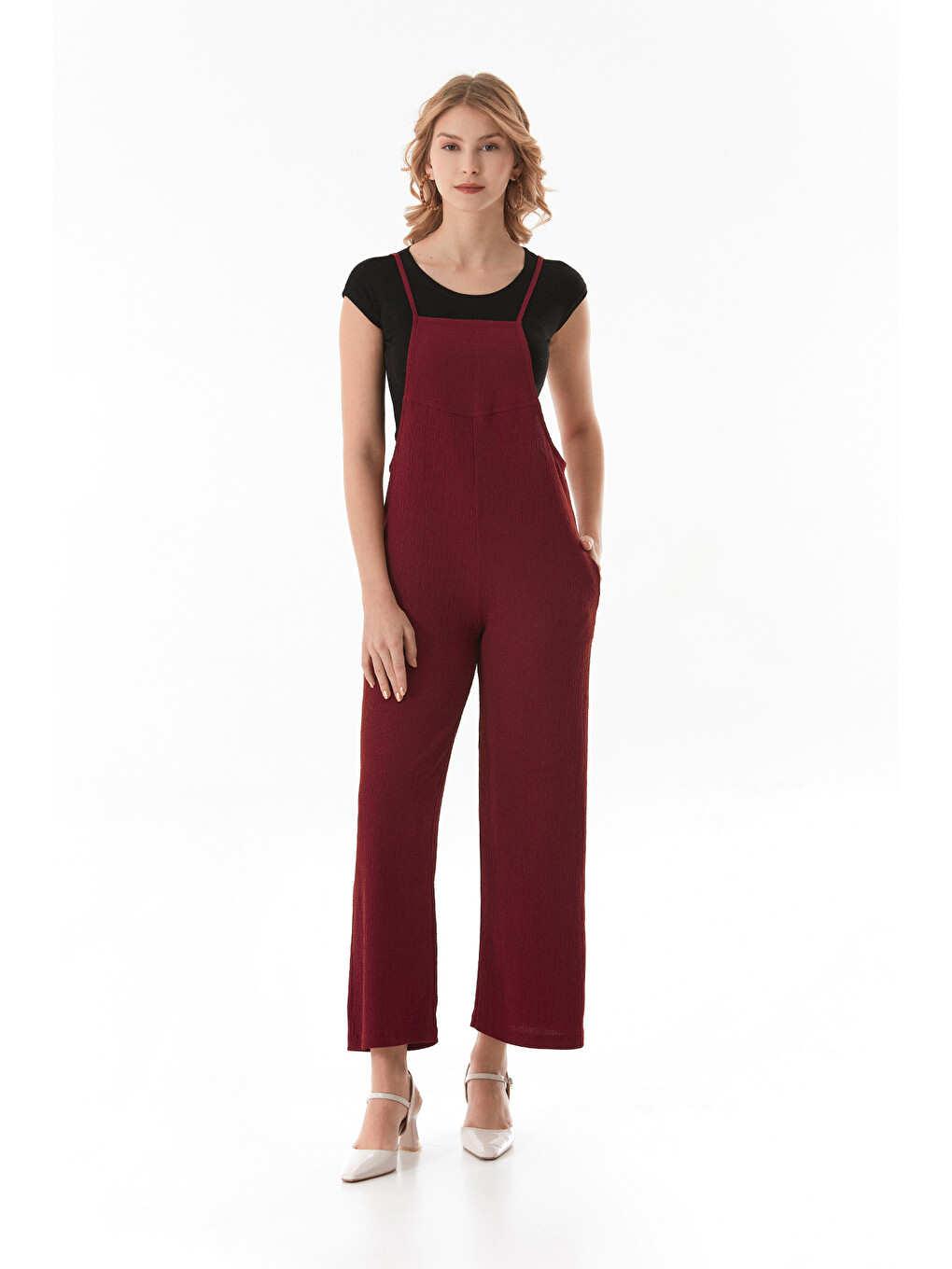 Bordo Krep Kumaş İp Askılı Tulum
