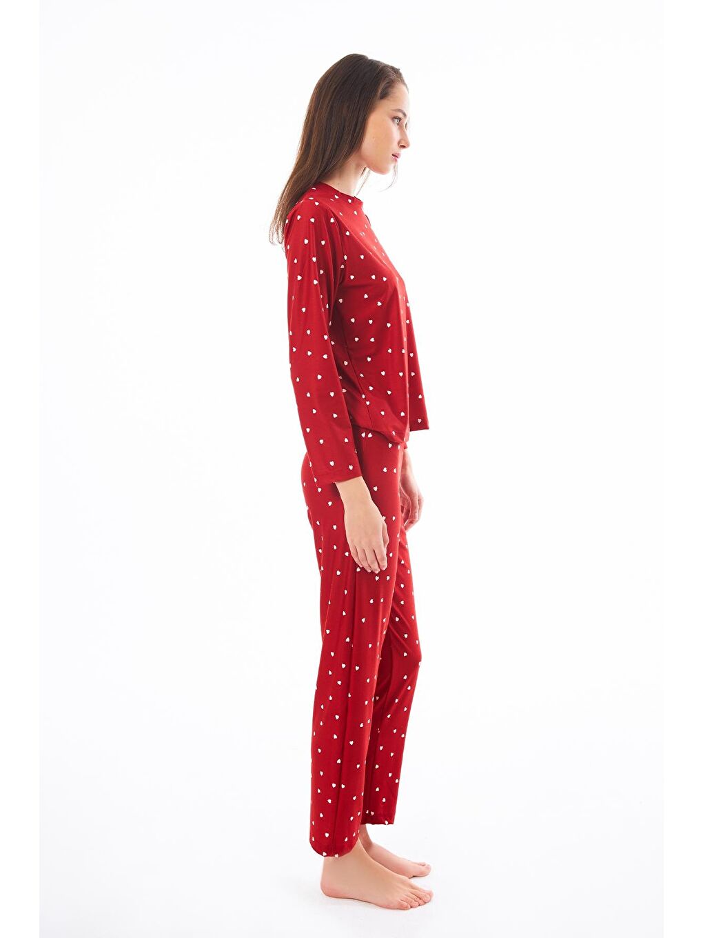 Premium  Yazlık Kadın Pijama Takımı Kırmızı Kalp Desenli Yumuşak Dokulu Bisiklet Yaka Uzun Kollu-5