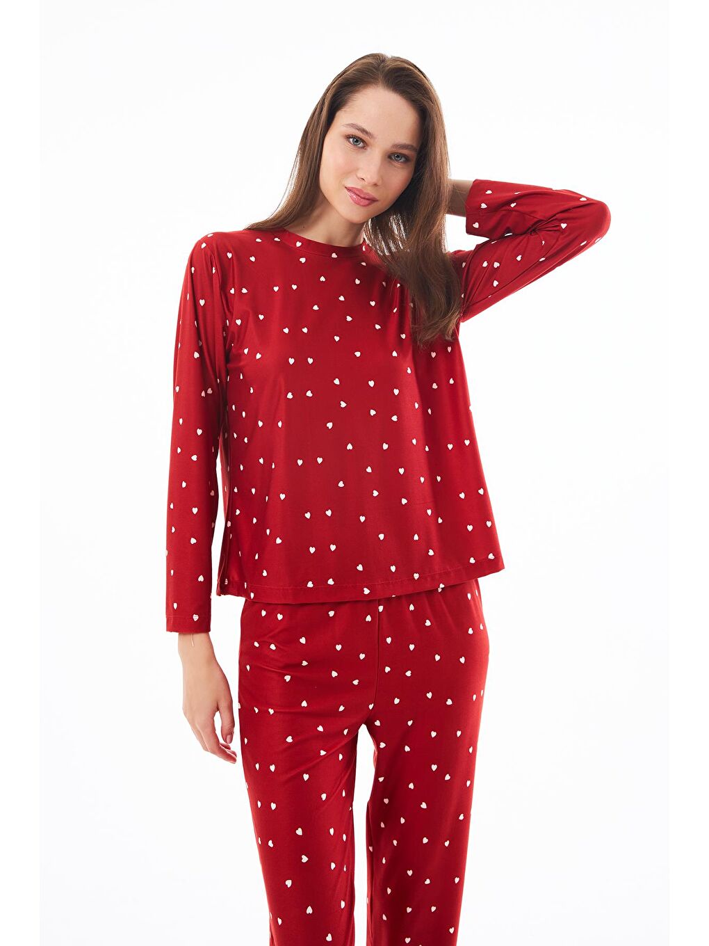 Premium  Yazlık Kadın Pijama Takımı Kırmızı Kalp Desenli Yumuşak Dokulu Bisiklet Yaka Uzun Kollu-7