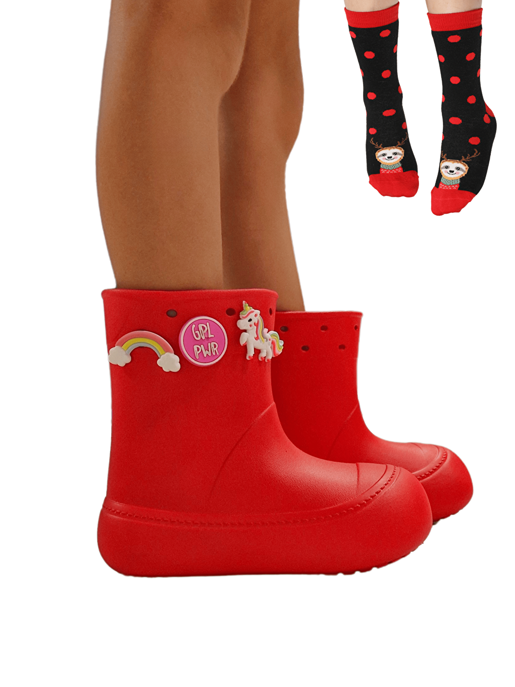 Kırmızı Yağmur Botu + Geyikli+Çorap Set-1