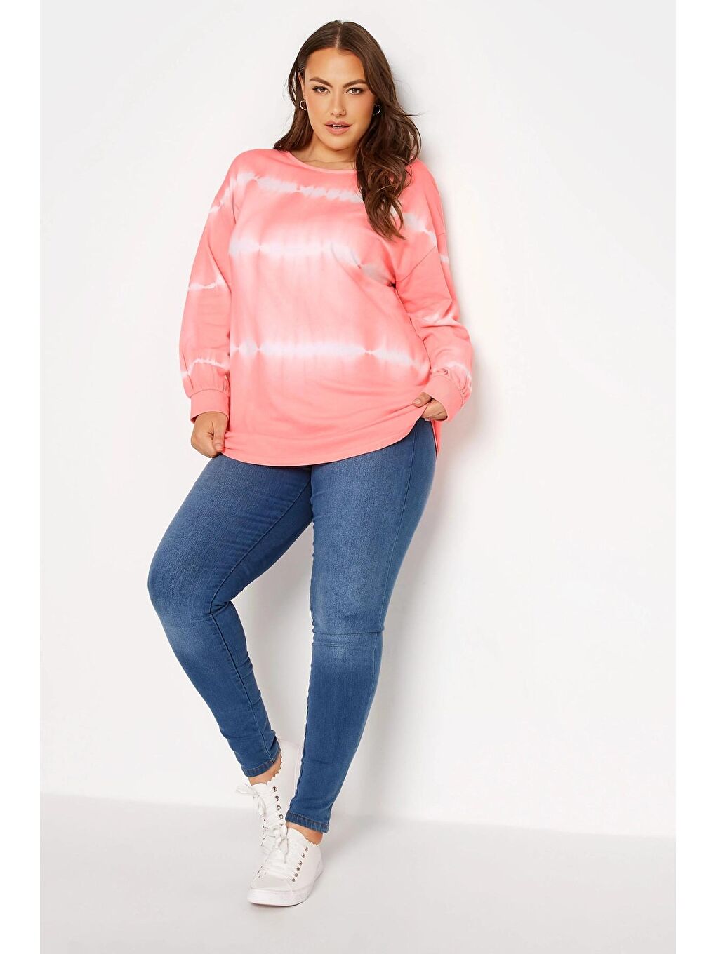 Stil Diva Pembe Büyük Beden Balon Kol Batik Desenli Bisiklet Yaka Sweatshirt 173409 - 1