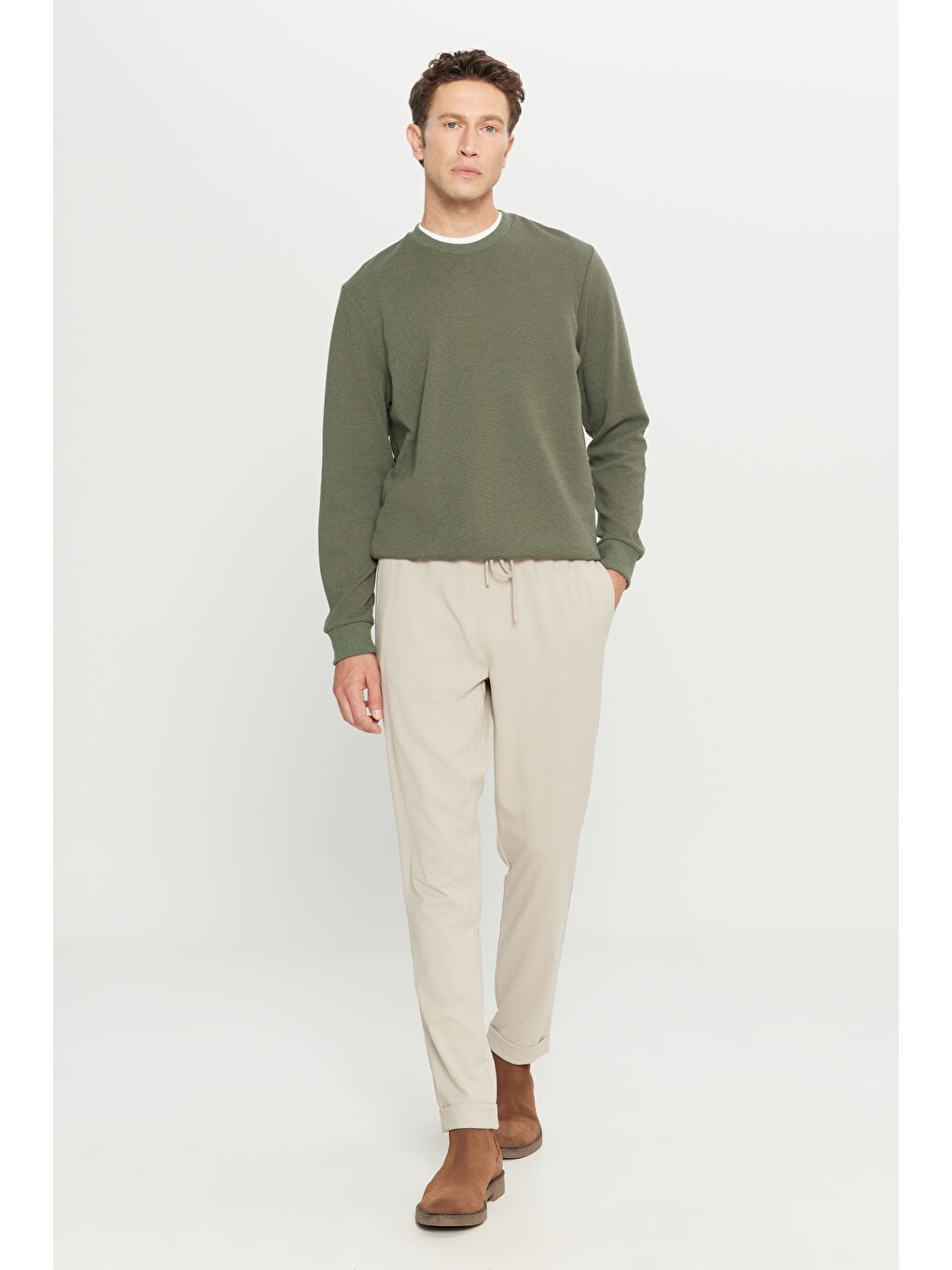 Erkek Bej Slim Fit Rahat Kesim Beli Bağlamalı Yan Cepli Jogger Pantolon-1