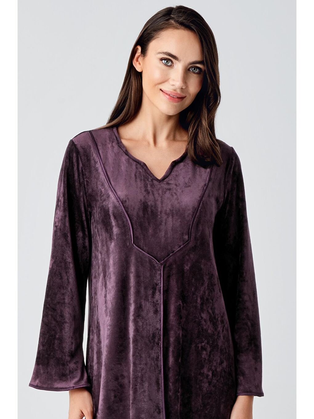 Mürdüm Uzun Kollu Esnek Kadife Viskoz Elbise 21117-1