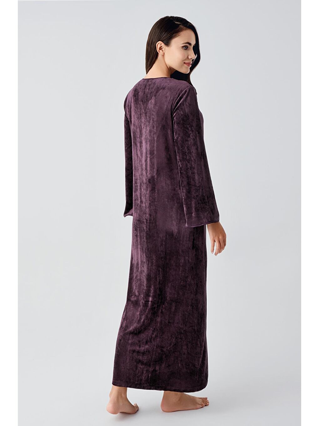 Mürdüm Uzun Kollu Esnek Kadife Viskoz Elbise 21117-2