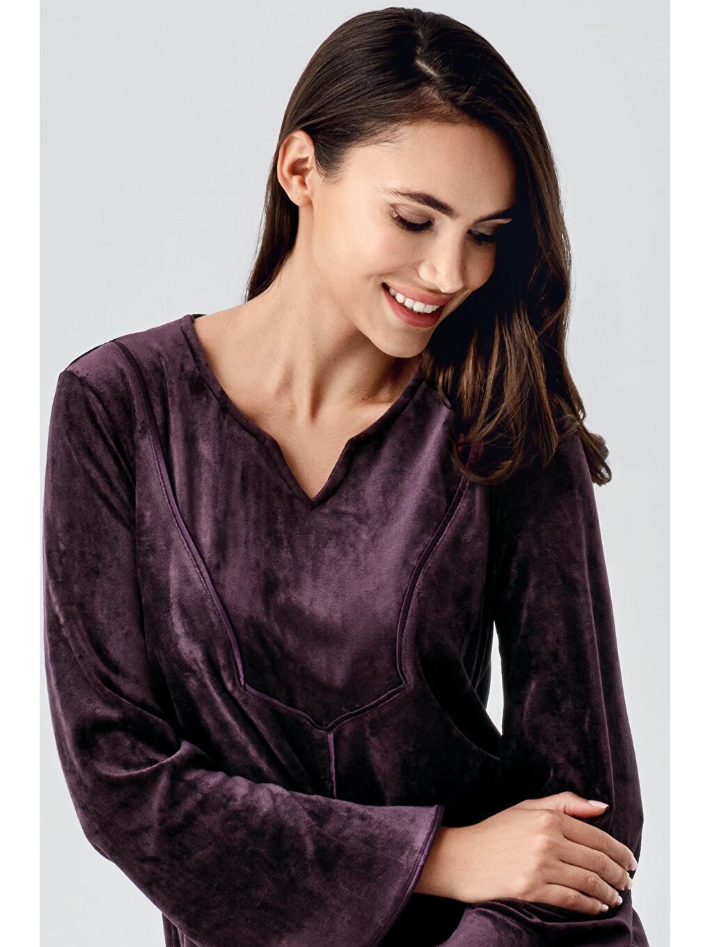 Mürdüm Uzun Kollu Esnek Kadife Viskoz Elbise 21117-3