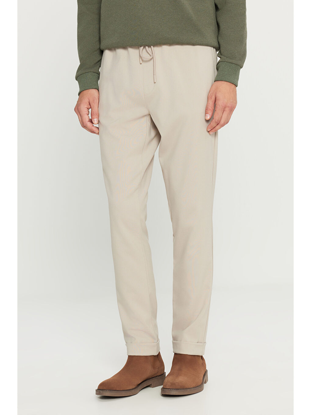Erkek Bej Slim Fit Rahat Kesim Beli Bağlamalı Yan Cepli Jogger Pantolon-2