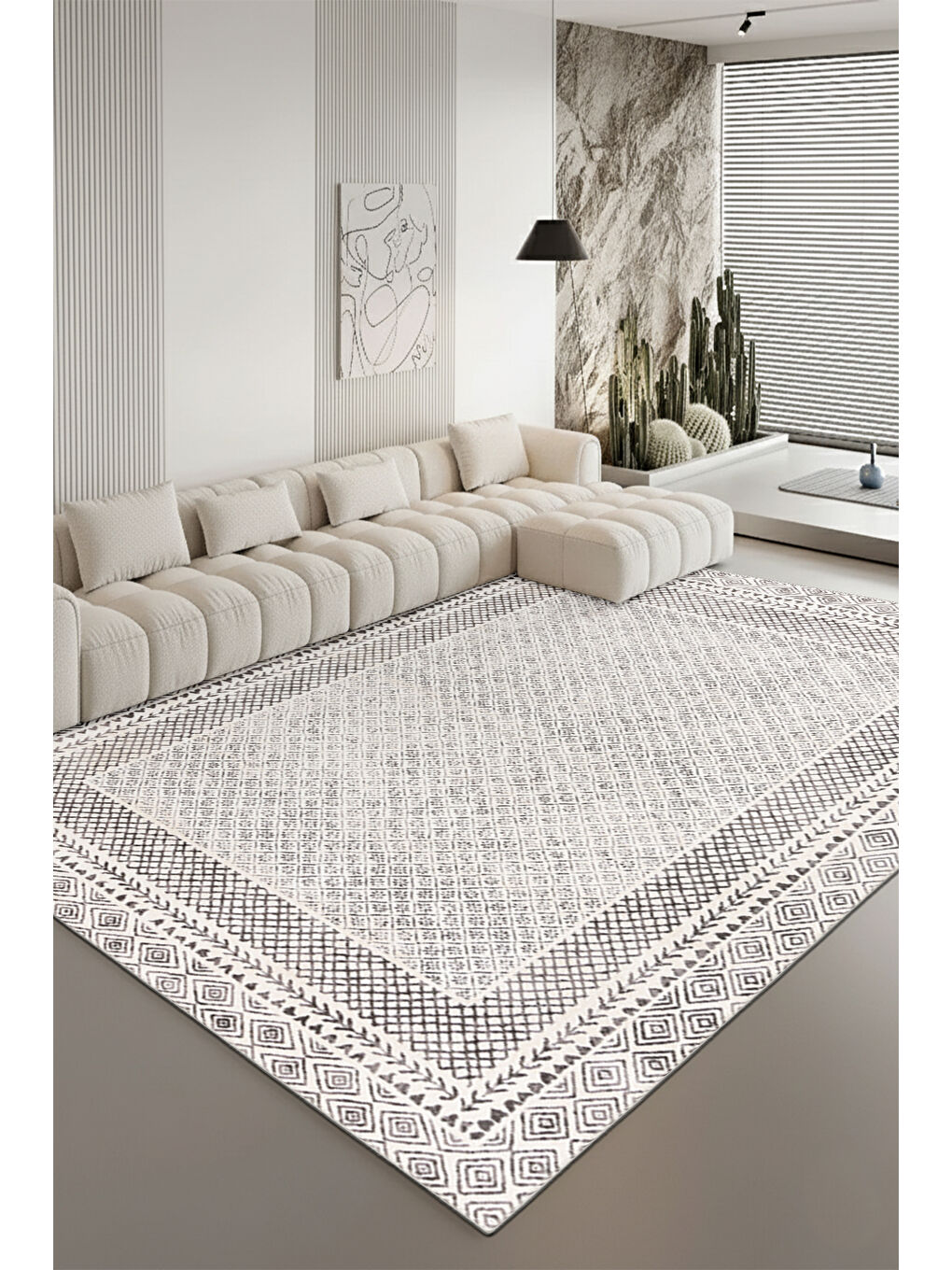 Bej Dekoratif Özel Tasarım Yıkanabilir İnce Kaymaz Tabanlı Modern Halı KECE FR32-2