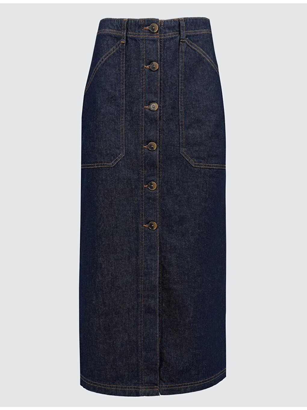 Koyu İndigo Mavi Normal Bel Cepli Jean Maxi Etek-6