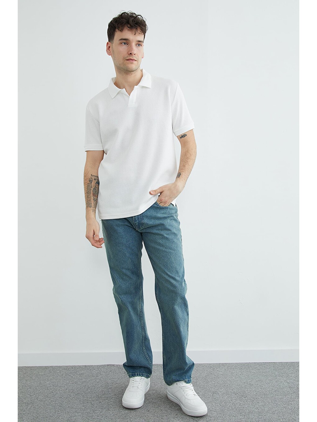Ekru Fitilli Polo Yaka Triko Tişört-4