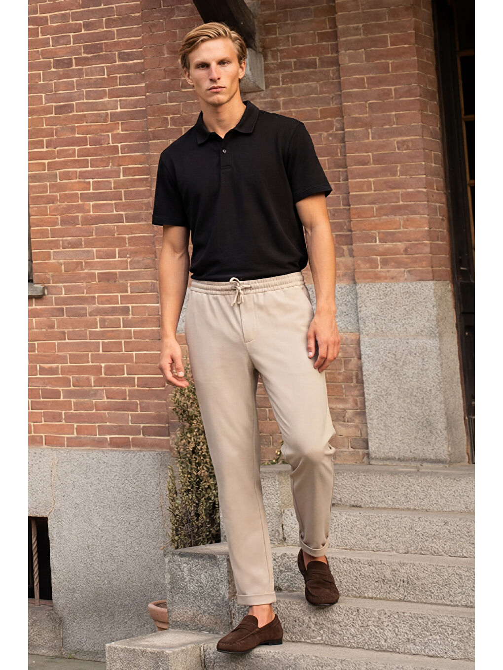 Erkek Bej Slim Fit Rahat Kesim Beli Bağlamalı Yan Cepli Jogger Pantolon-5