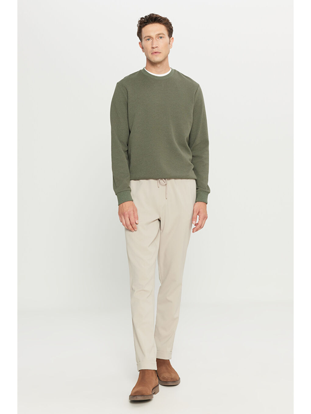 Erkek Bej Slim Fit Rahat Kesim Beli Bağlamalı Yan Cepli Jogger Pantolon-6