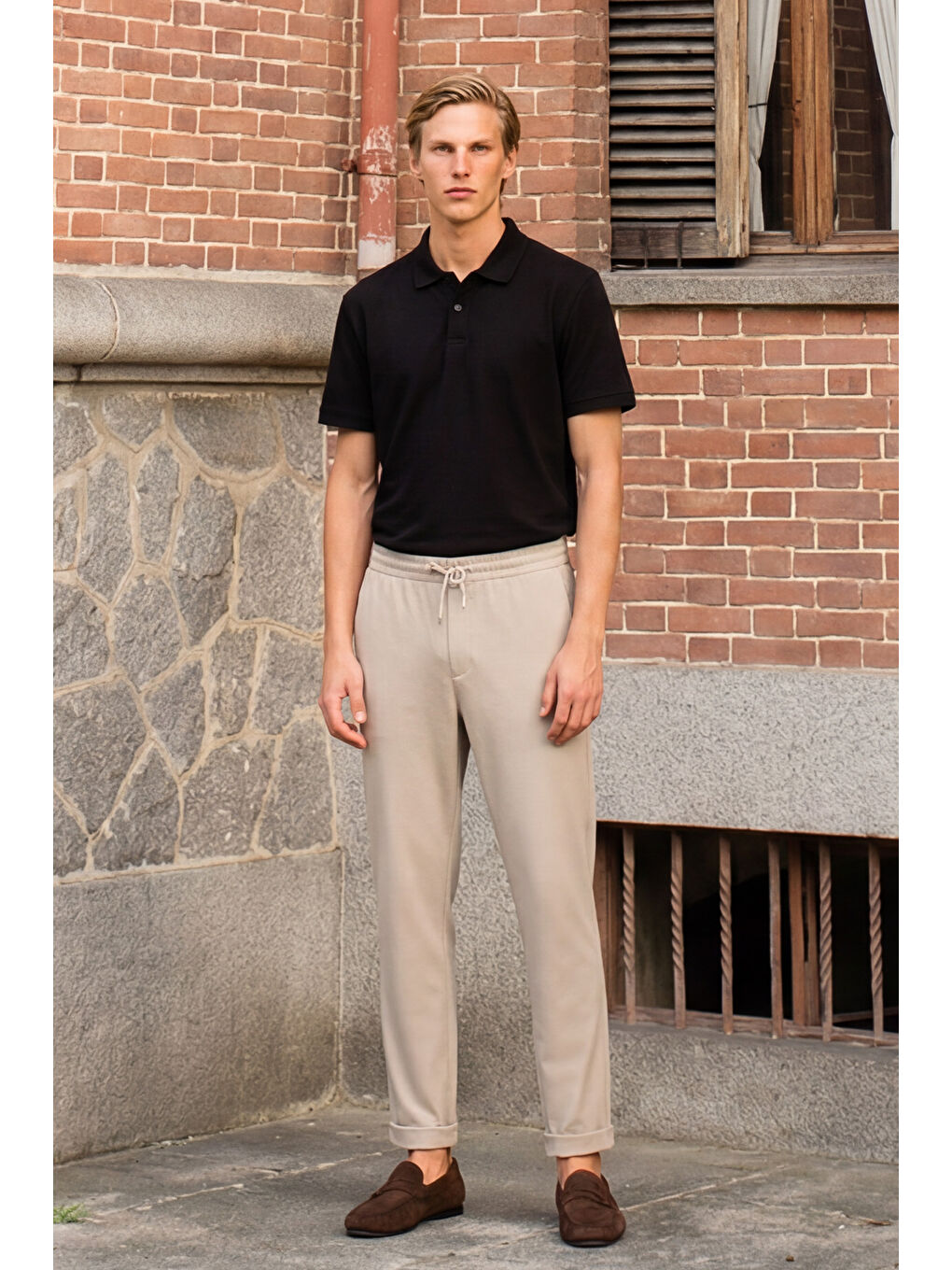 Erkek Bej Slim Fit Rahat Kesim Beli Bağlamalı Yan Cepli Jogger Pantolon-8