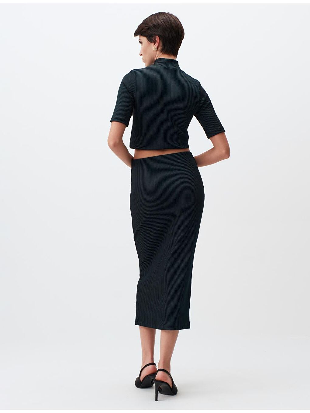 Koyu Yeşil Normal Bel Midi Etek-5