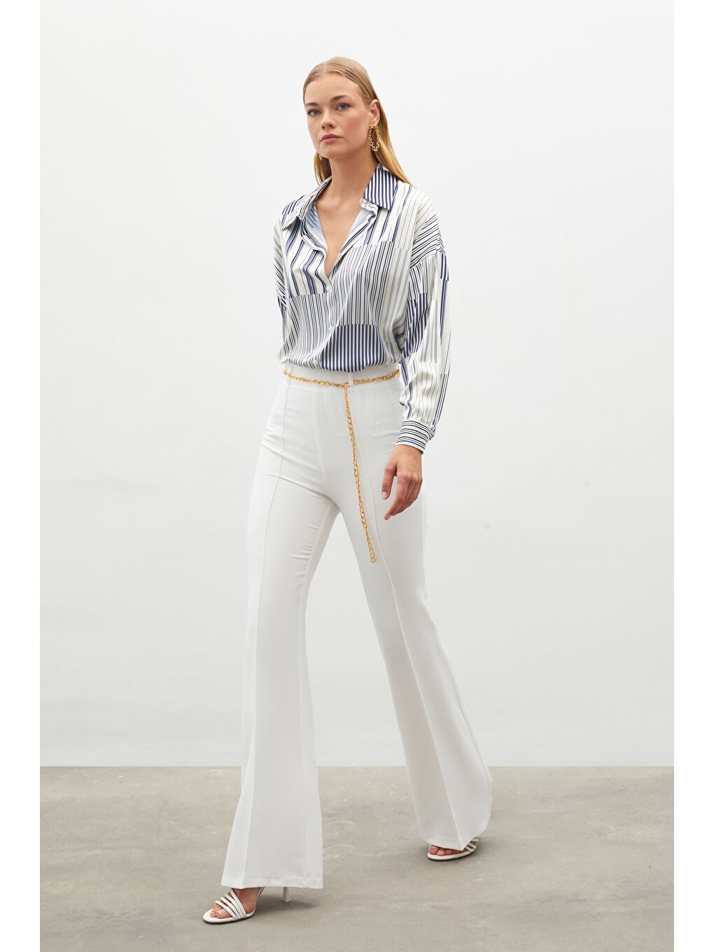 Zincir Kemerli Pantolon - Ekru-1