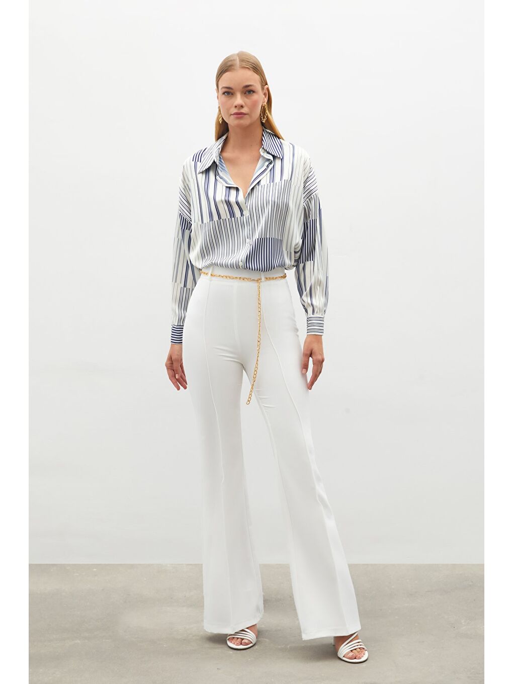 Zincir Kemerli Pantolon - Ekru-3