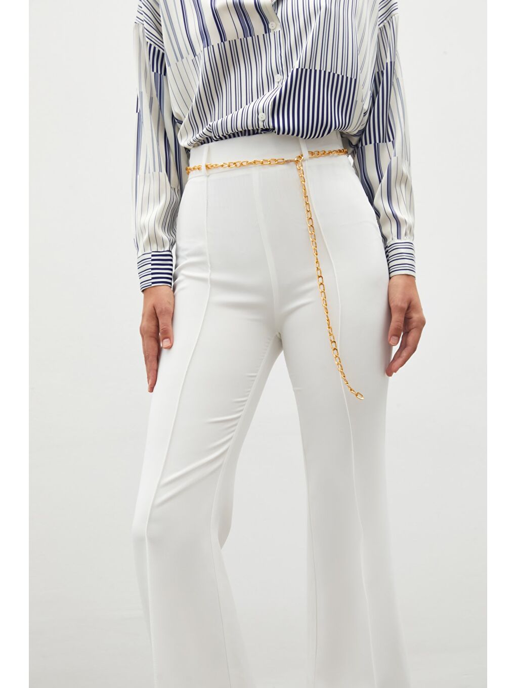 Zincir Kemerli Pantolon - Ekru-4