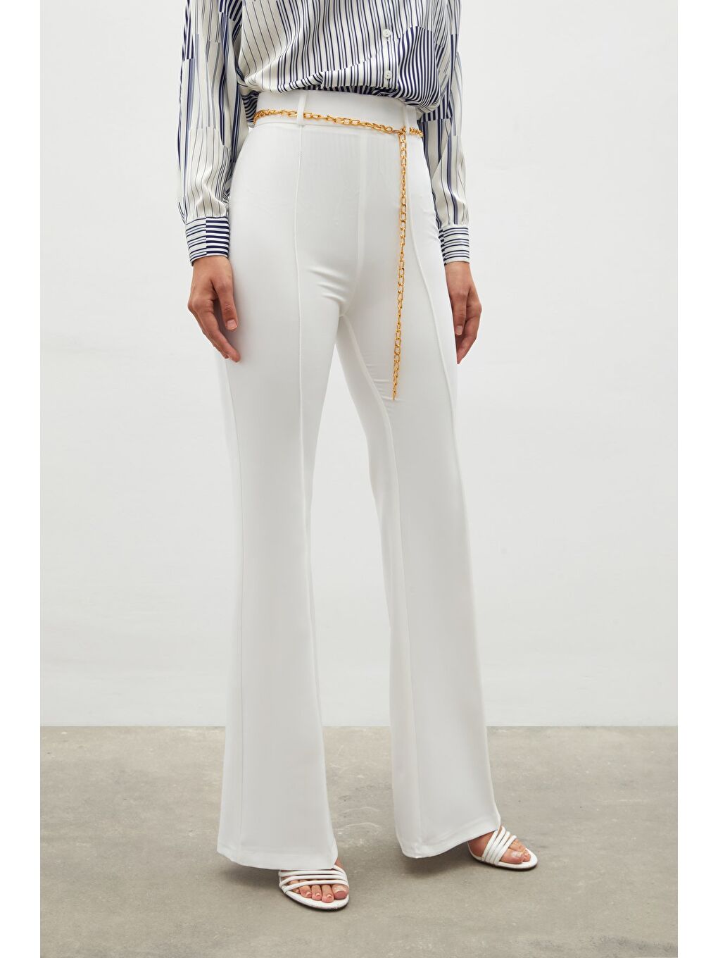 Zincir Kemerli Pantolon - Ekru-5