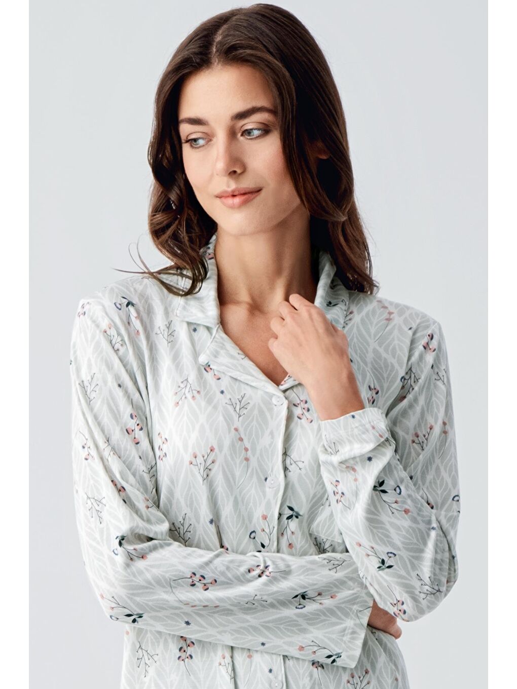 Artış Yeşil Uzun Kollu Desenli Düğmeli Esnek Viskon Pijama Takım 16213 - 1