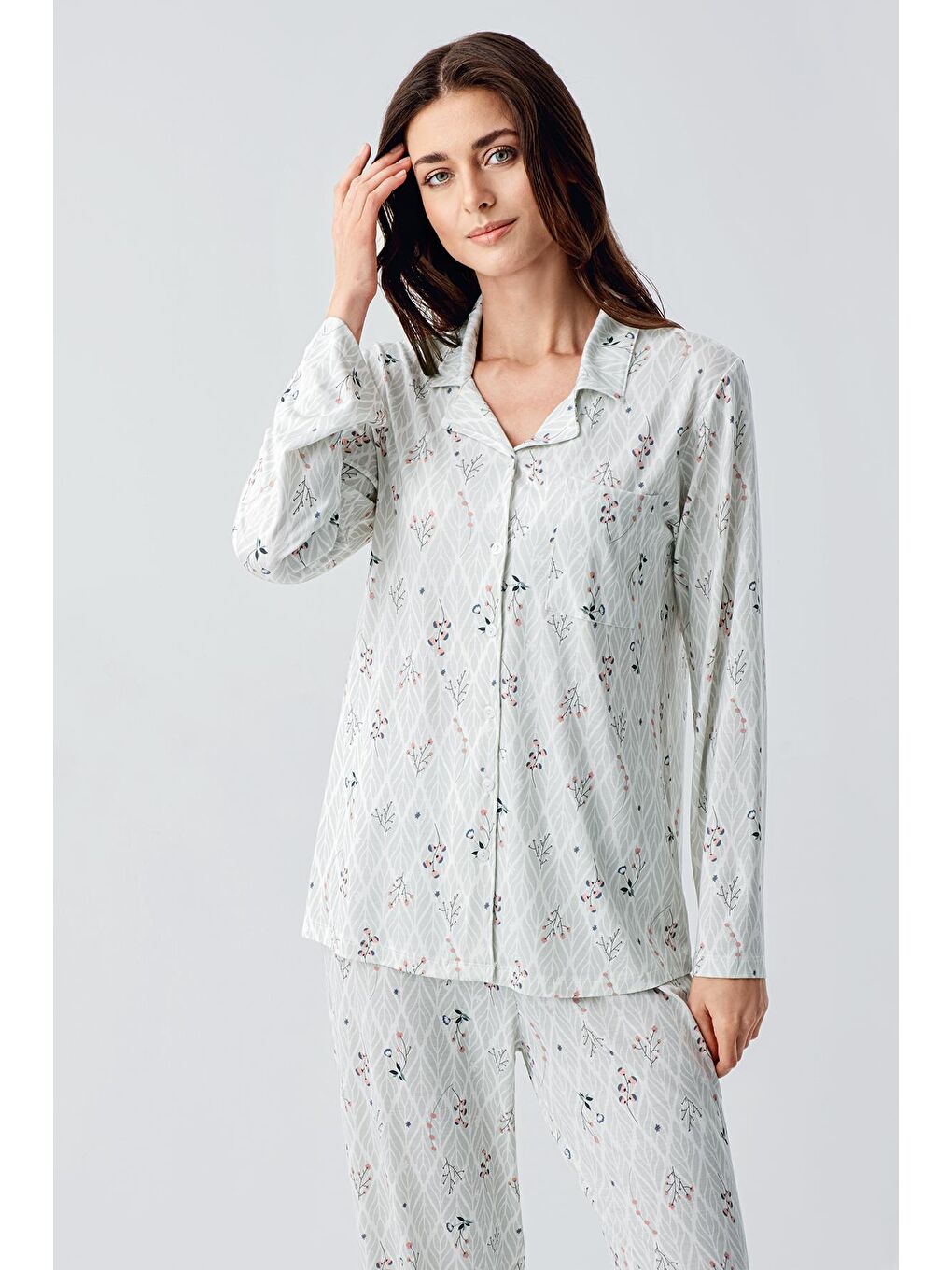 Artış Yeşil Uzun Kollu Desenli Düğmeli Esnek Viskon Pijama Takım 16213 - 2
