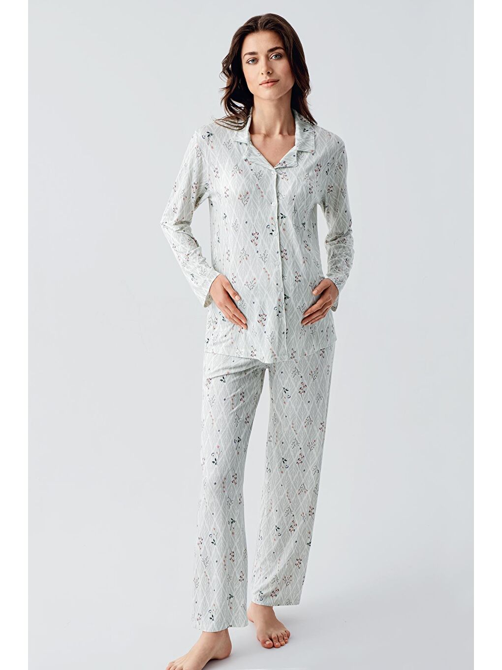 Artış Yeşil Uzun Kollu Desenli Düğmeli Esnek Viskon Pijama Takım 16213 - 3
