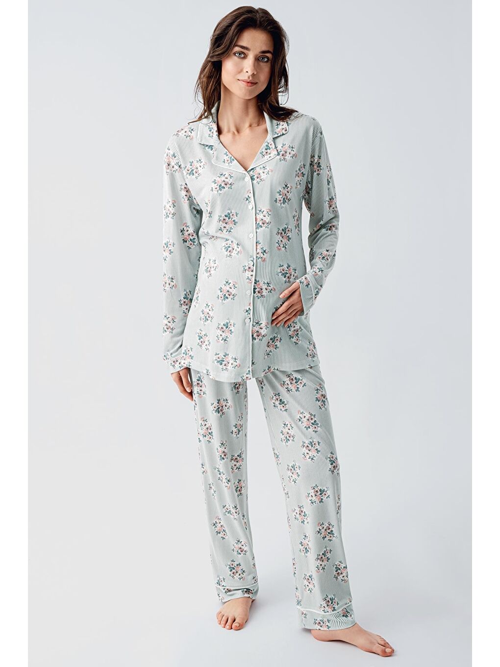 Artış Yeşil Uzun Kollu Desenli Düğmeli Esnek Viskon Pijama Takım 16213 - 4