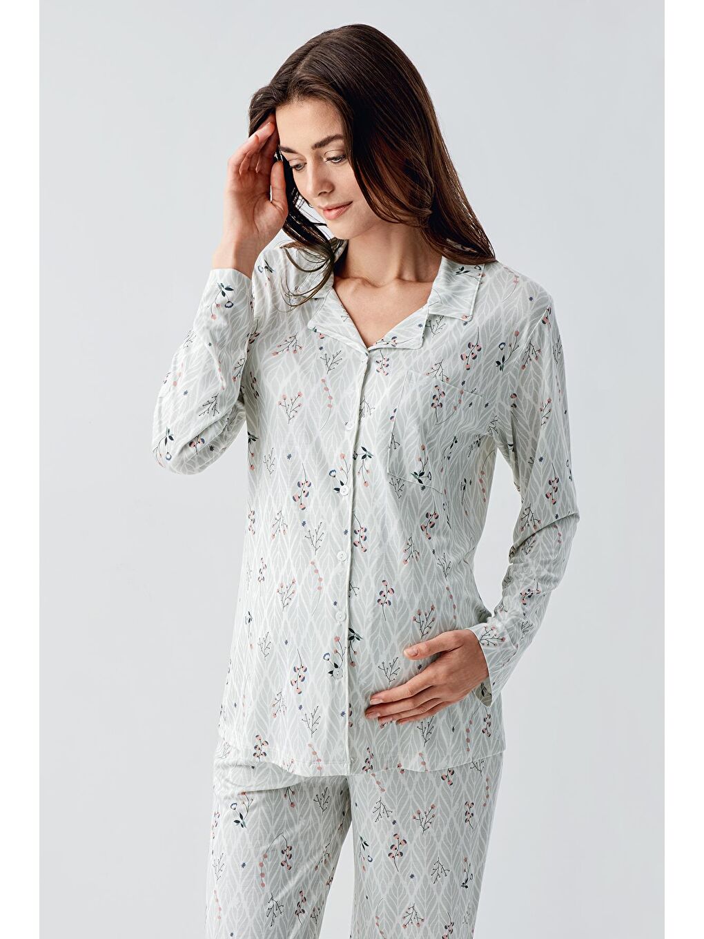 Artış Yeşil Uzun Kollu Desenli Düğmeli Esnek Viskon Pijama Takım 16213 - 5