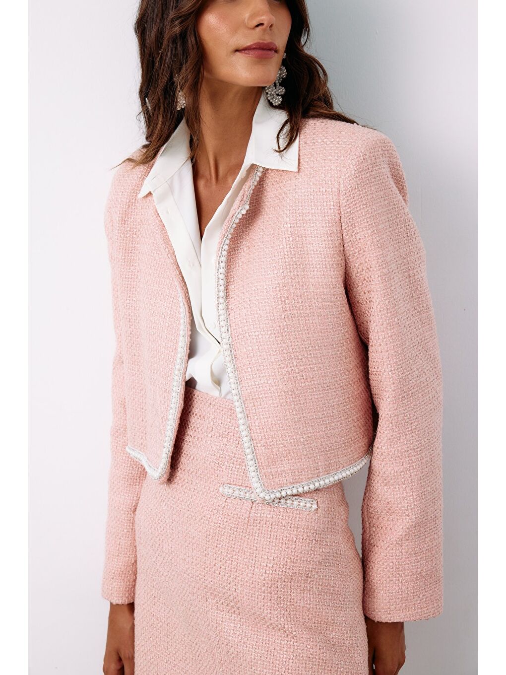 Pembe Aksesuar Detaylı Tüvit Ceket - Pudra-1