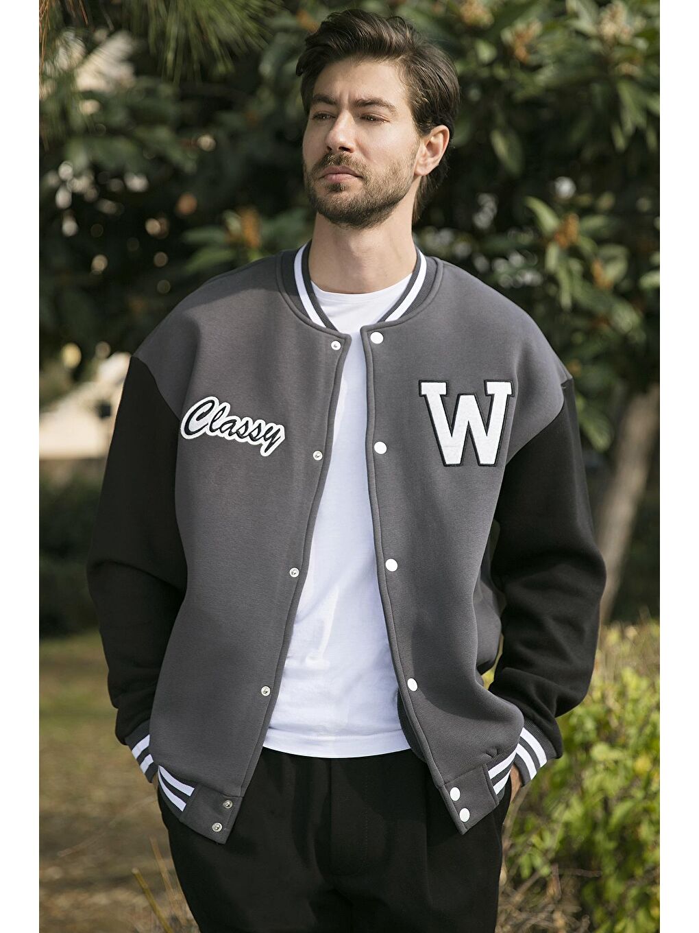 Gri Pamuklu Oversize Cepli Kolej Yaka Bomber Mont 6286218