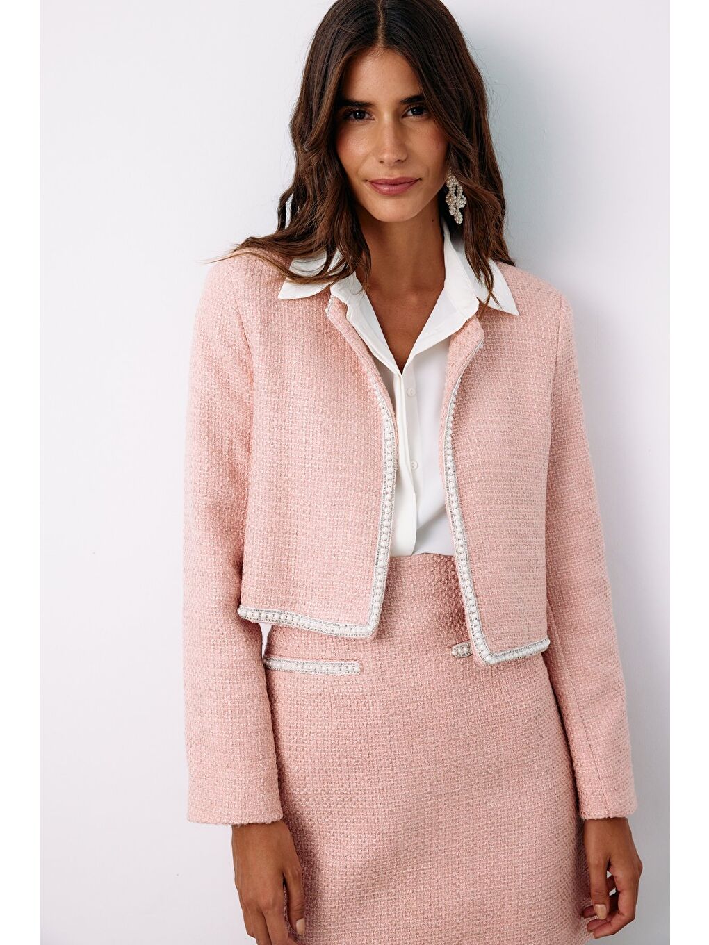 Pembe Aksesuar Detaylı Tüvit Ceket - Pudra-2