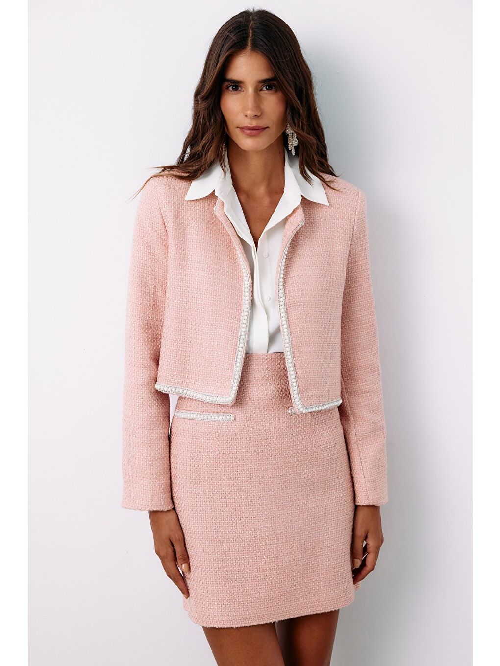 Pembe Aksesuar Detaylı Tüvit Ceket - Pudra-3