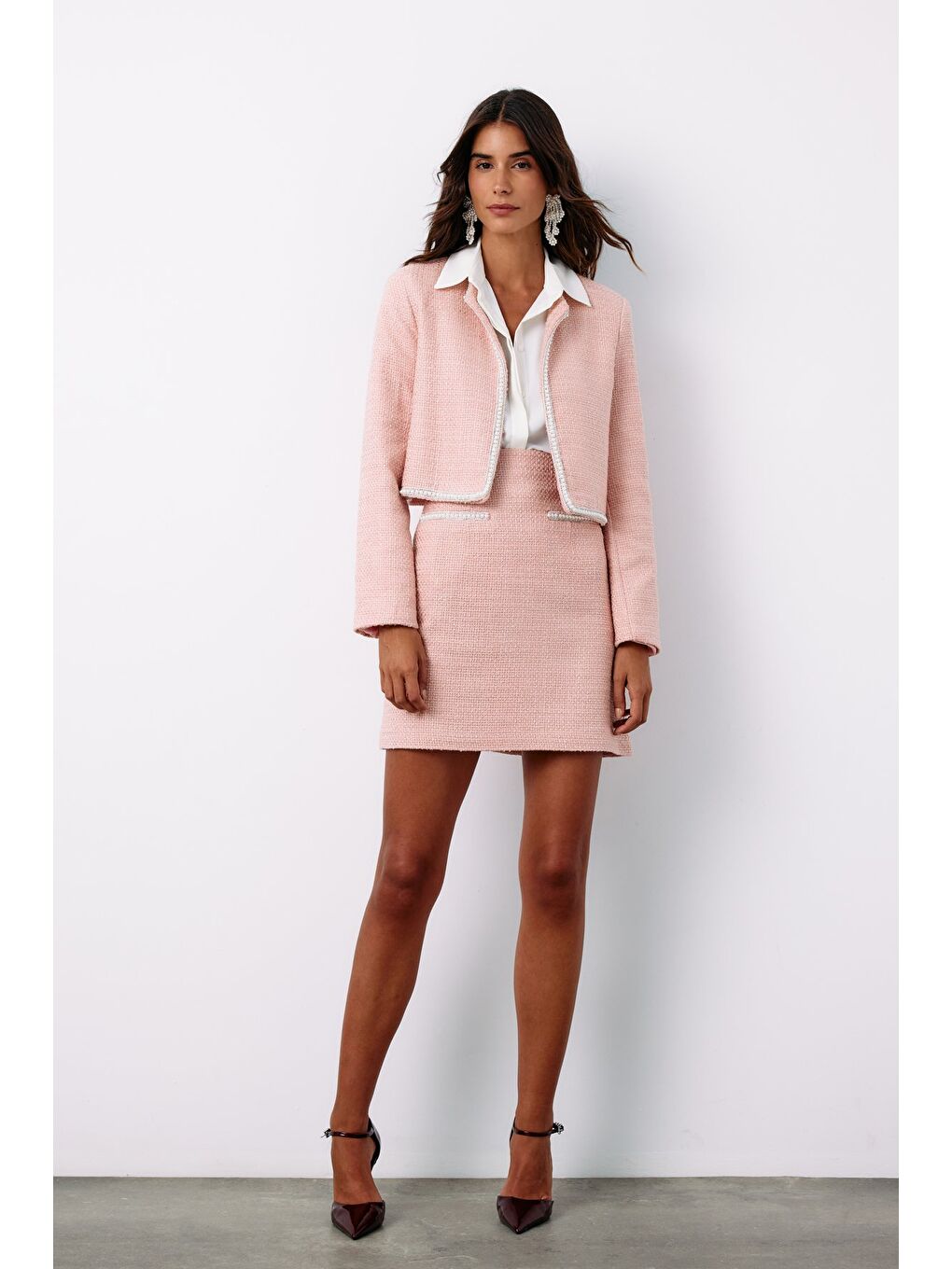 Pembe Aksesuar Detaylı Tüvit Ceket - Pudra-5