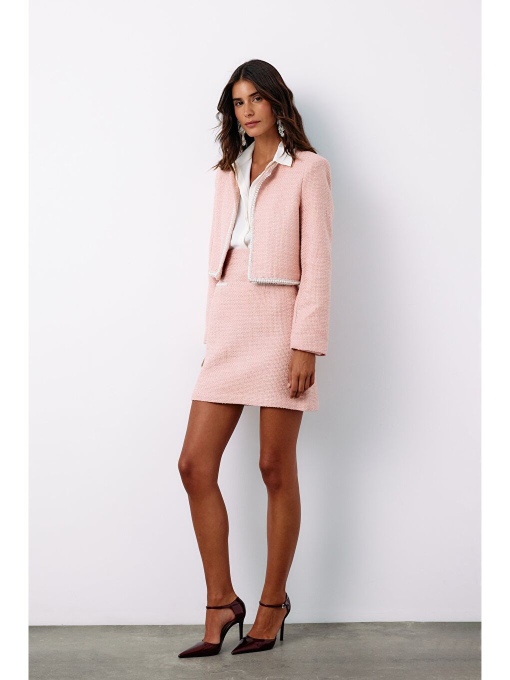 Pembe Aksesuar Detaylı Tüvit Ceket - Pudra-6