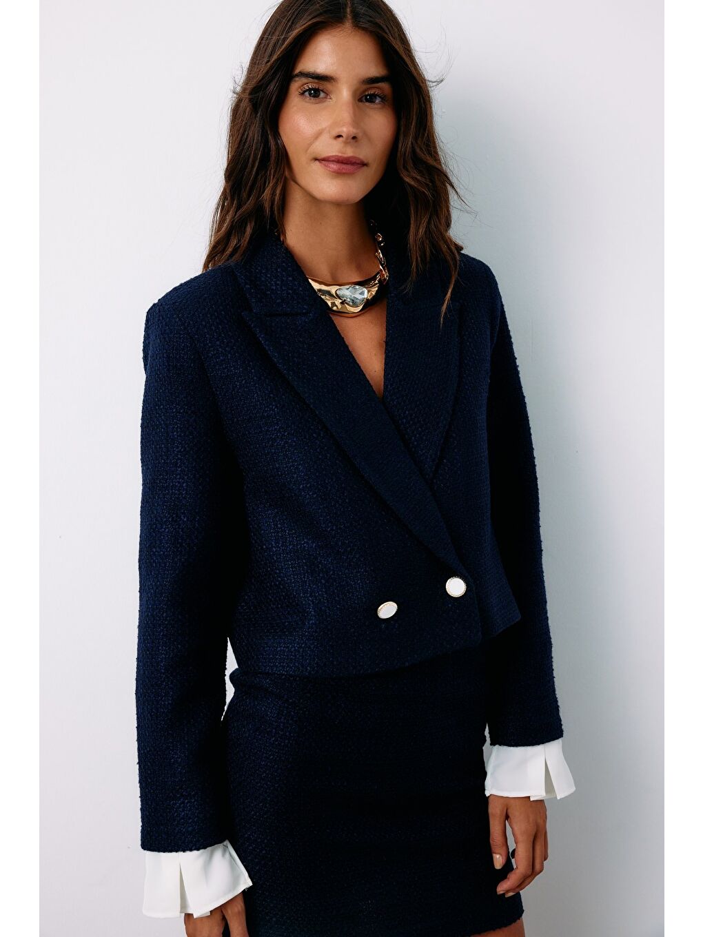 Manşet Detaylı Tüvit Ceket - Lacivert-5