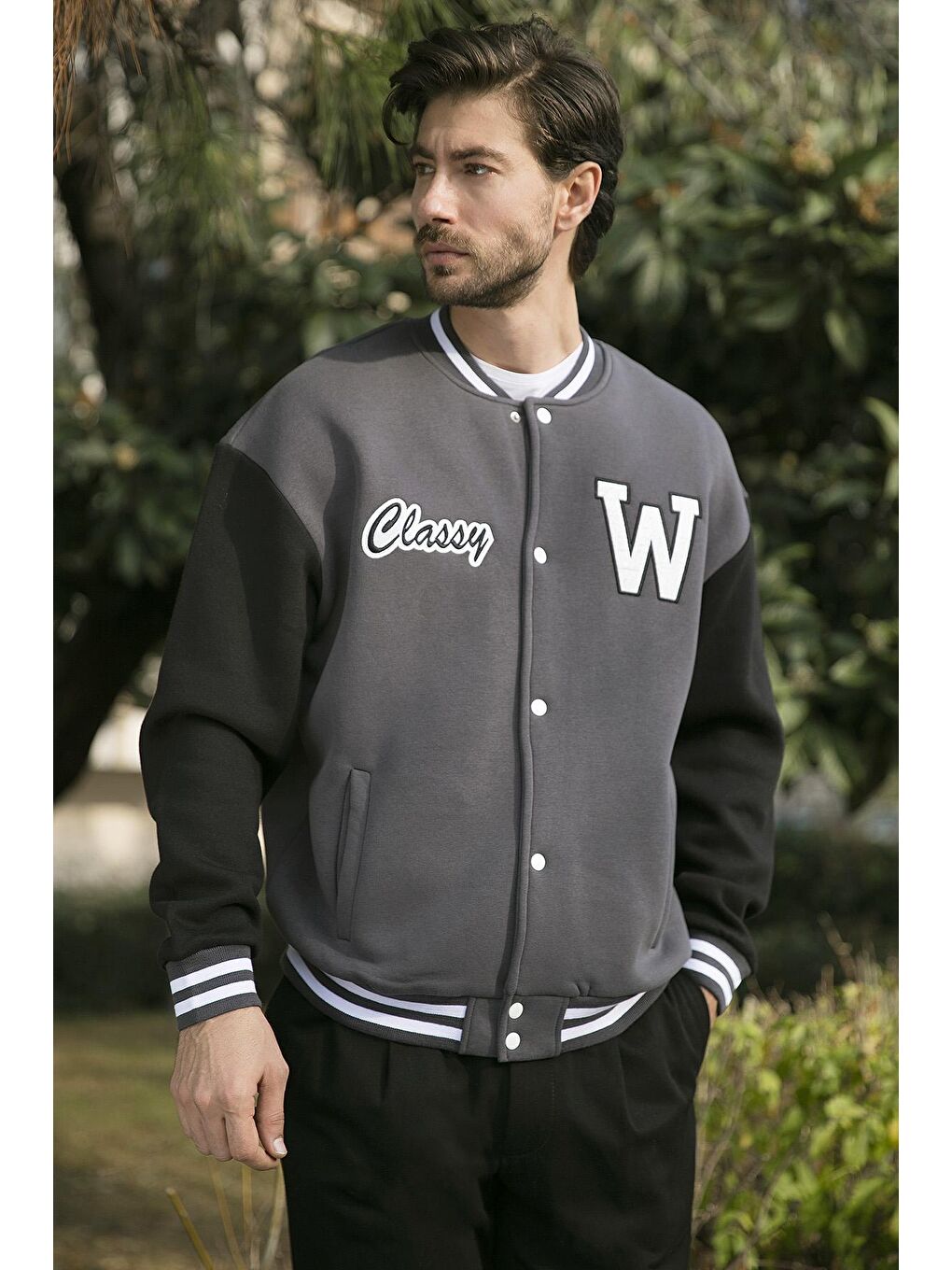 Gri Pamuklu Oversize Cepli Kolej Yaka Bomber Mont 6286218-1