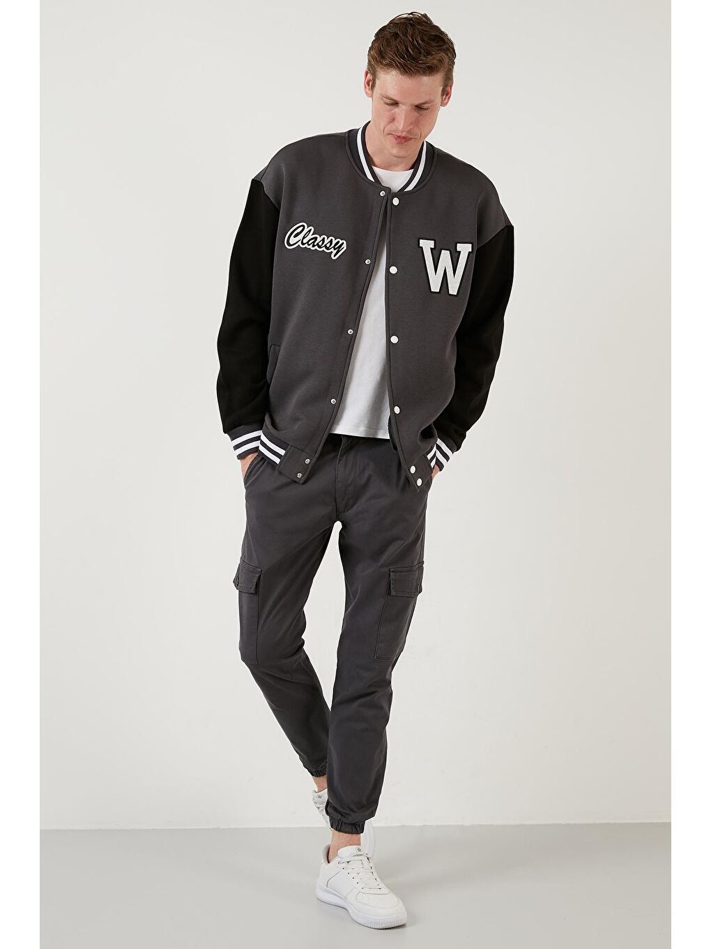 Gri Pamuklu Oversize Cepli Kolej Yaka Bomber Mont 6286218-2