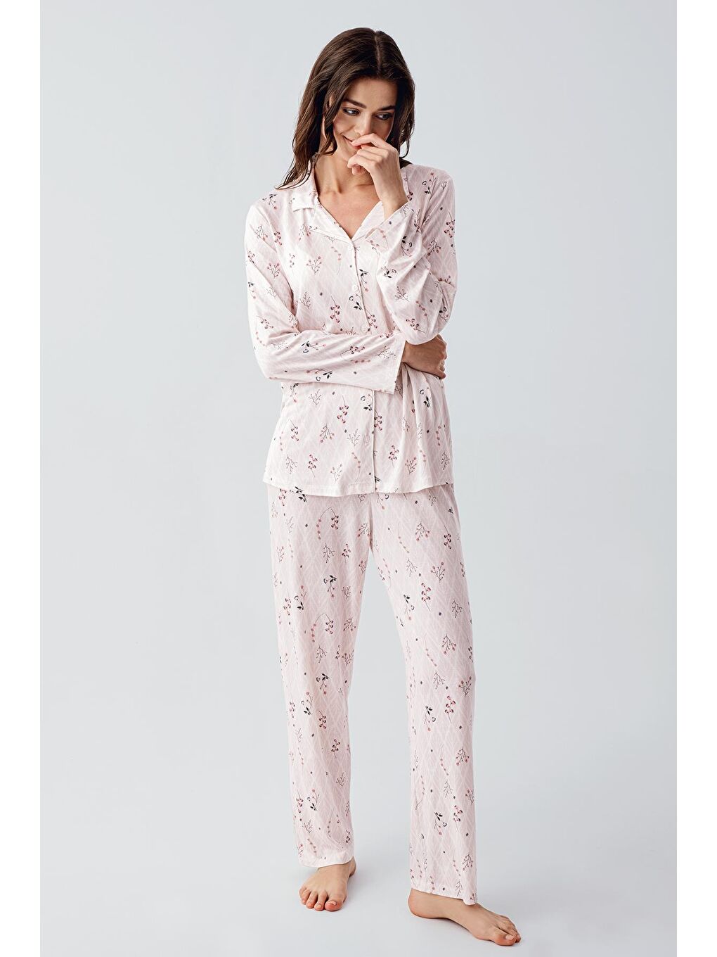 Artış Pembe Uzun Kollu Desenli Düğmeli Esnek Viskon Pijama Takım 16213