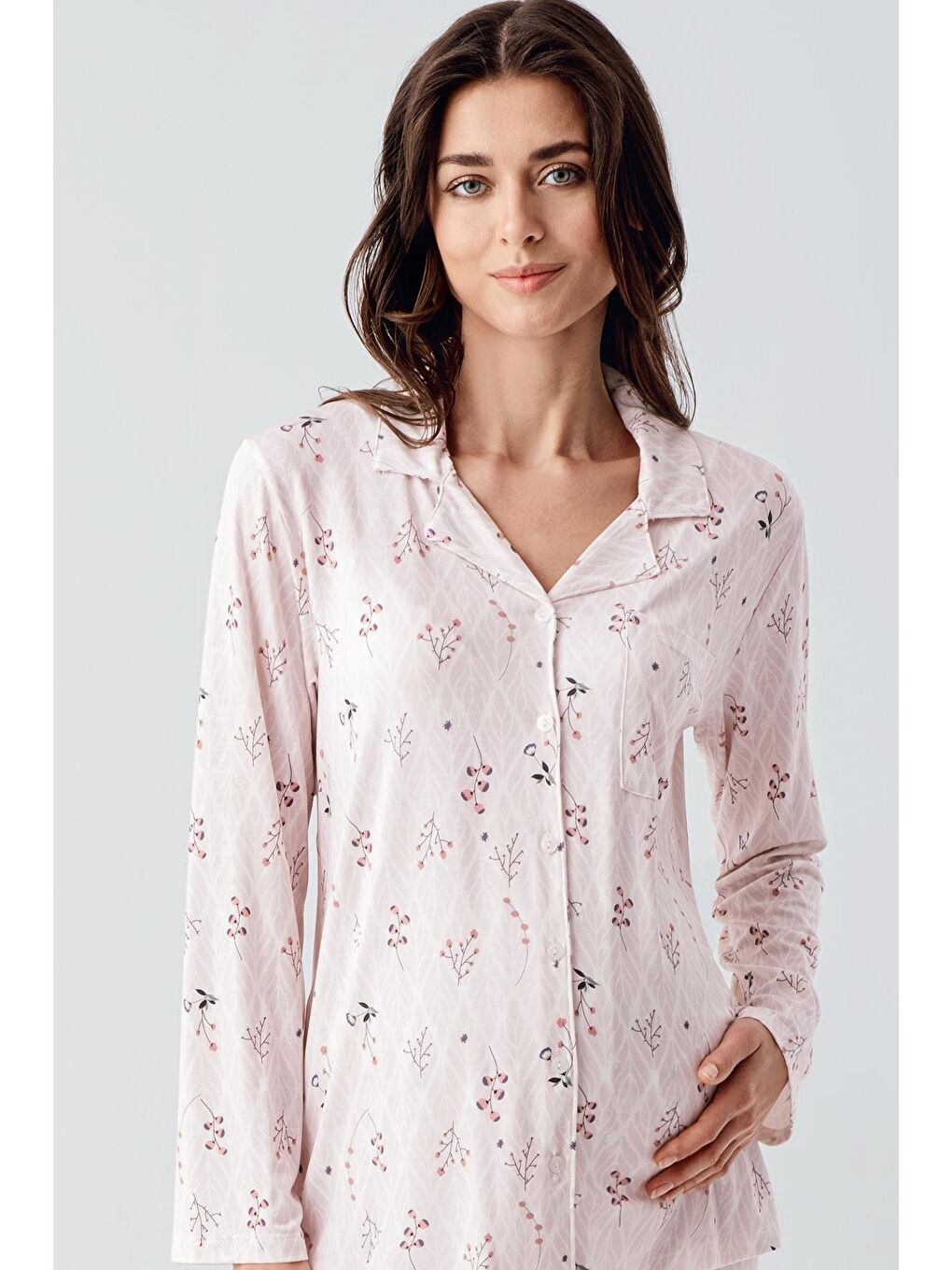 Artış Pembe Uzun Kollu Desenli Düğmeli Esnek Viskon Pijama Takım 16213 - 1