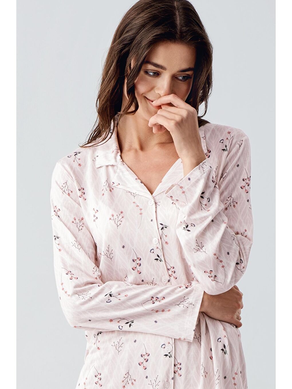 Artış Pembe Uzun Kollu Desenli Düğmeli Esnek Viskon Pijama Takım 16213 - 2
