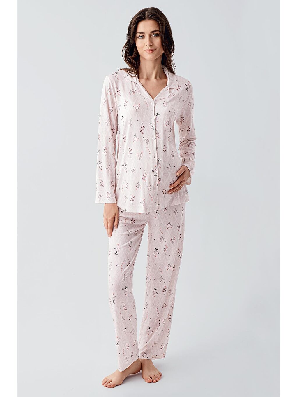 Artış Pembe Uzun Kollu Desenli Düğmeli Esnek Viskon Pijama Takım 16213 - 3