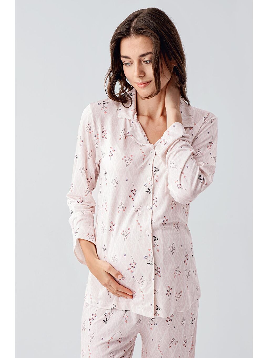 Artış Pembe Uzun Kollu Desenli Düğmeli Esnek Viskon Pijama Takım 16213 - 4