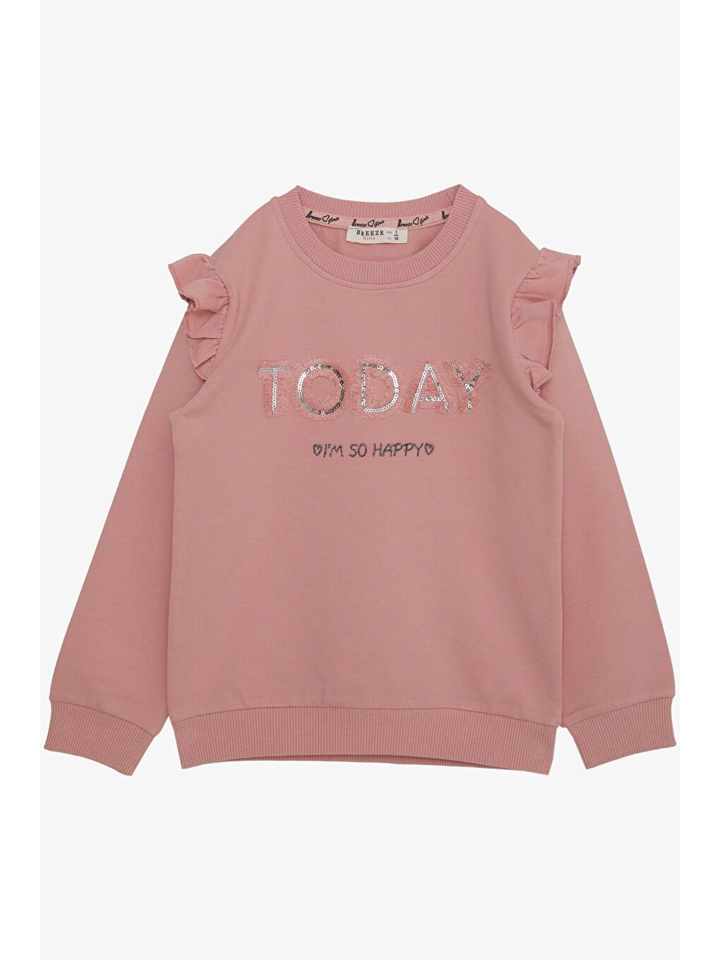 Pembe Kız Çocuk Sweatshirt Pullu Simli Yazı Baskılı Gülkurusu (3 Yaş)