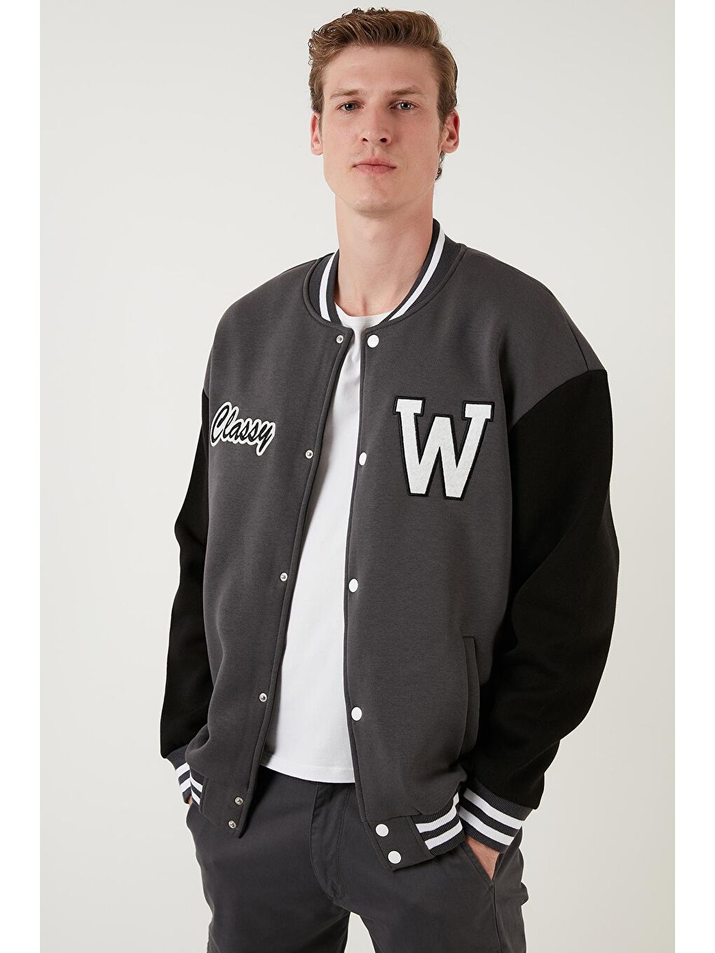 Gri Pamuklu Oversize Cepli Kolej Yaka Bomber Mont 6286218-3