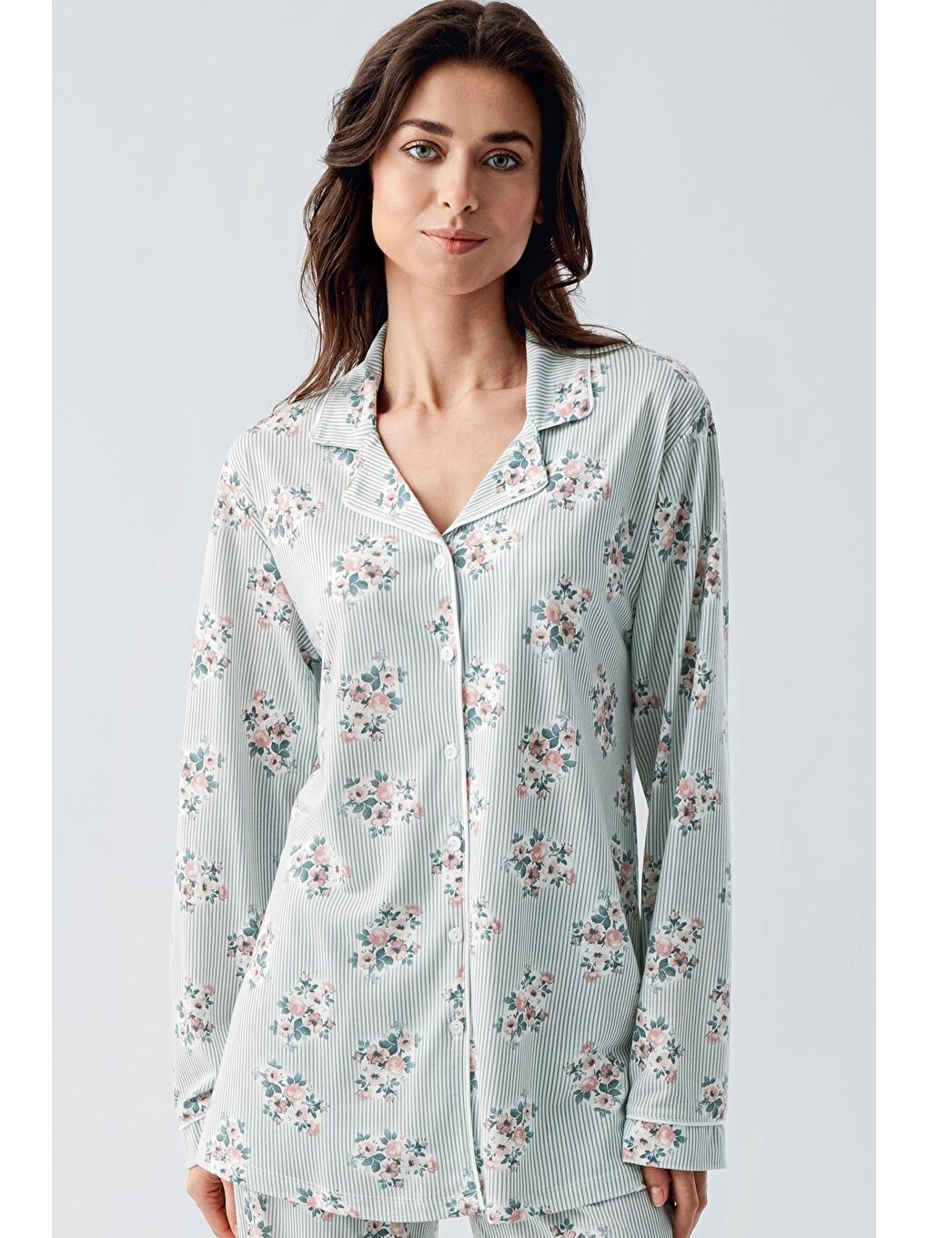 Artış Yeşil Uzun Kollu Desenli Düğmeli Esnek Viskoz Pijama Takım 16212 - 2