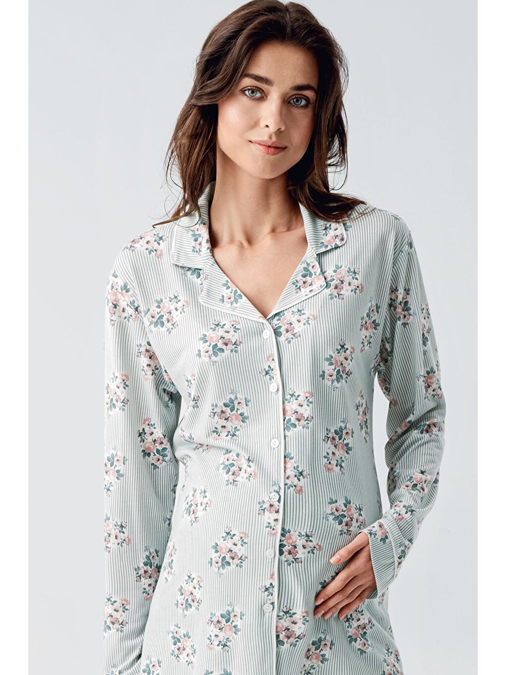 Artış Yeşil Uzun Kollu Desenli Düğmeli Esnek Viskoz Pijama Takım 16212 - 3