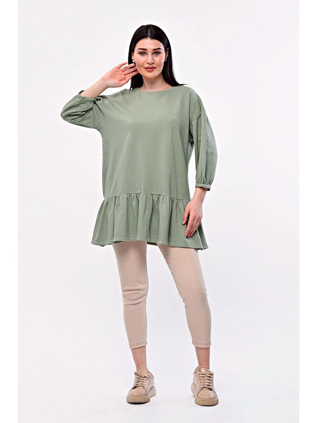 Yeşil Büyük Beden Eteği Fırfır Detaylı Yarım Balon Kol Bluz 171915-1