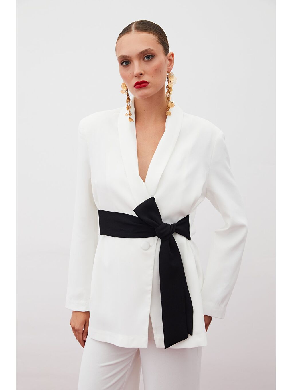 Beli Kuşaklı Uzun Ceket - Ekru-1