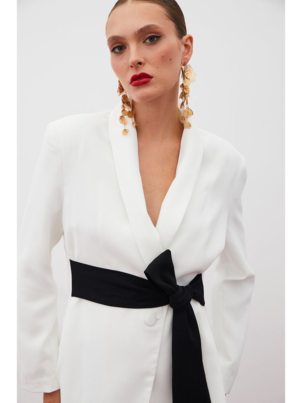 Beli Kuşaklı Uzun Ceket - Ekru-3