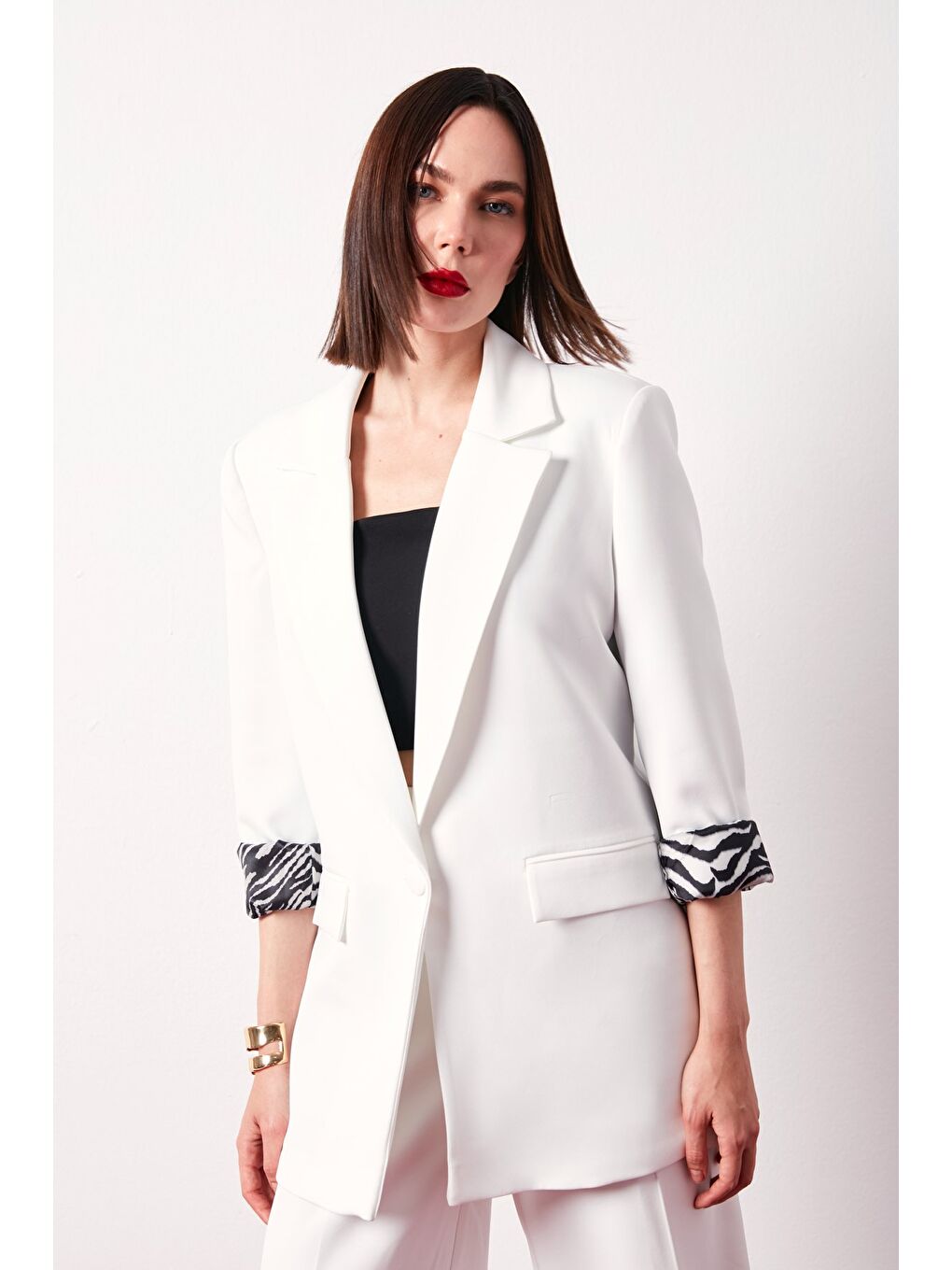 Zebra Astarlı Uzun Ceket - Ekru-1