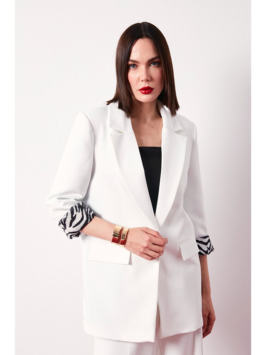 Zebra Astarlı Uzun Ceket - Ekru-4